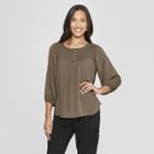 Women's Long Sleeve Scoop Neck Front Button-down Smocked Top - Knox Rose Dusty Olive