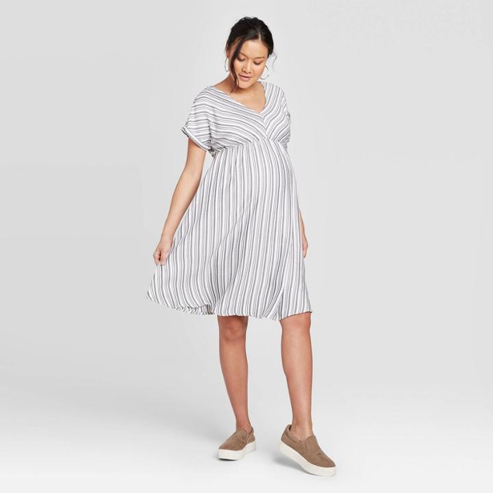 Maternity Striped Cuffed Short Sleeve Shirtdress - Isabel Maternity By Ingrid & Isabel Gray/white Xs, Women's, White Gray