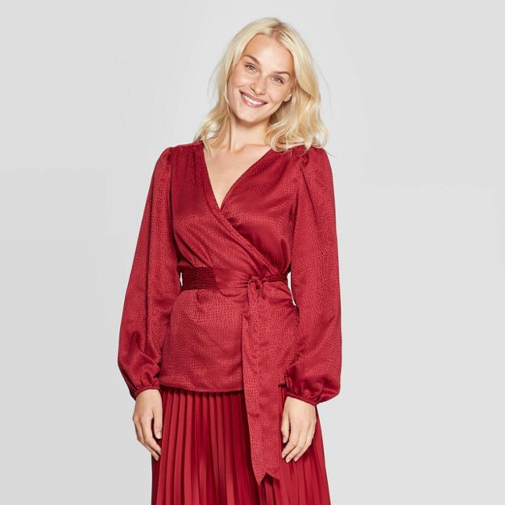 Women's Jacquard Regular Fit Long Sleeve V-neck Wrap Top - A New Day Red