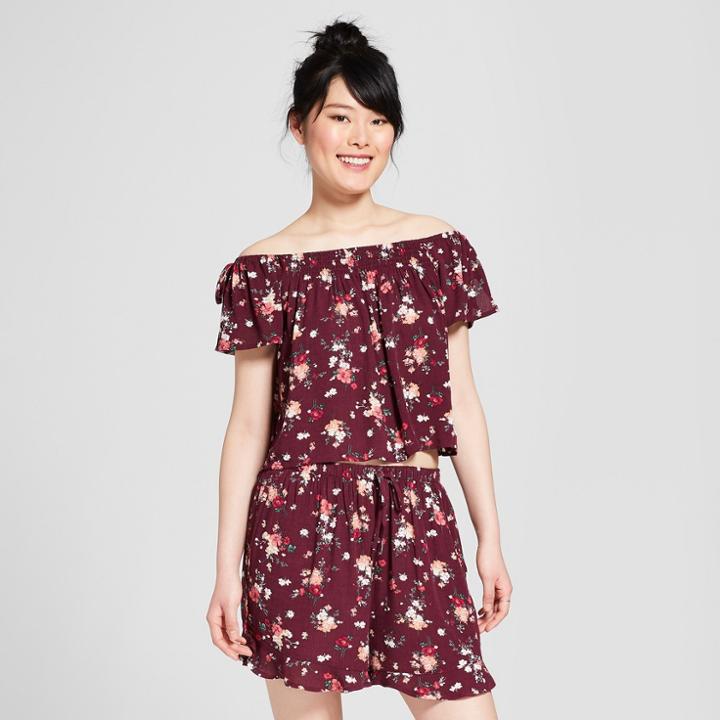 Women's Short Sleeve Off The Shoulder Floral Blouse W Shoulder Ties - Xhilaration Burgundy (red) / Pink Floral