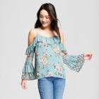 Women's Floral Print Cold Shoulder Bell Sleeve Top - Xhilaration Sea Foam Green