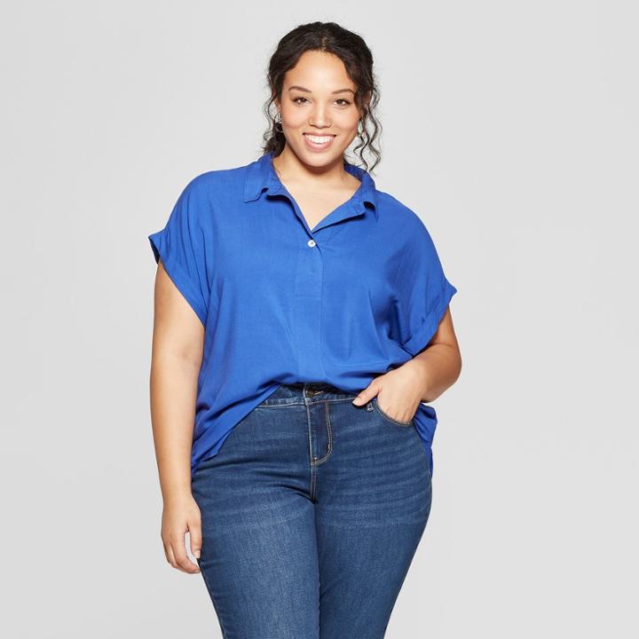 Women's Plus Size Short Sleeve Collared Mixed Media Popover Button-down Shirt - Ava & Viv Blue
