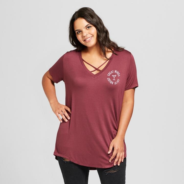 Women's Plus Size Great Minds Drink Alike Short Sleeve Criss-cross V-neck Graphic T-shirt - Zoe+liv - Burgundy