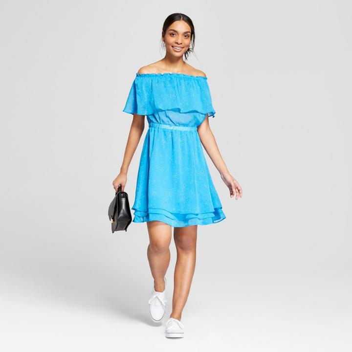 Women's Printed Off The Shoulder Tiered Hem Dress - A New Day Blue