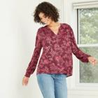 Women's Floral Print Bishop Long Sleeve Knit Button-front Top - Knox Rose Burgundy