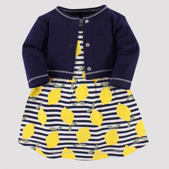 Touched By Nature Baby Girls' Lemons Organic Cotton Dress & Cardigan - Yellow/blue 18-24m, Girl's, Lemons - Yellow/blue