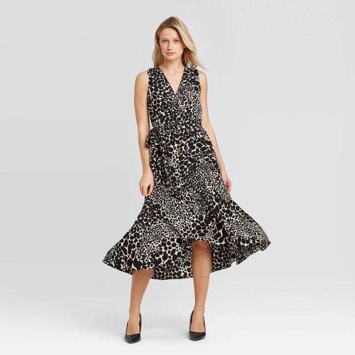 Women's Animal Print Sleeveless Ruffle Trim Dress - Who What Wear Black Xs, Women's, Beige