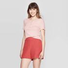 Women's Short Sleeve Henley Neck Rib T-shirt - A New Day Pink