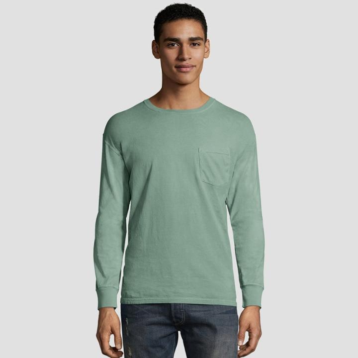 Hanes Men's Long Sleeve 1901 Garment Dyed Pocket T-shirt - Cypress