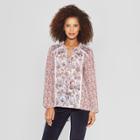 Women's Floral Print Long Sleeve Tassel Blouse - Knox Rose Pink S,
