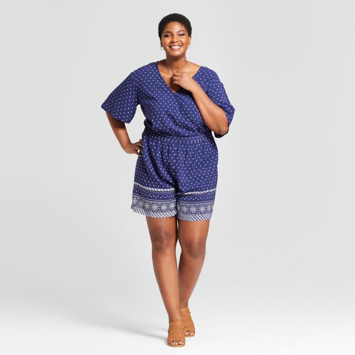 Women's Plus Size Floral Print Romper - Ava & Viv Blue