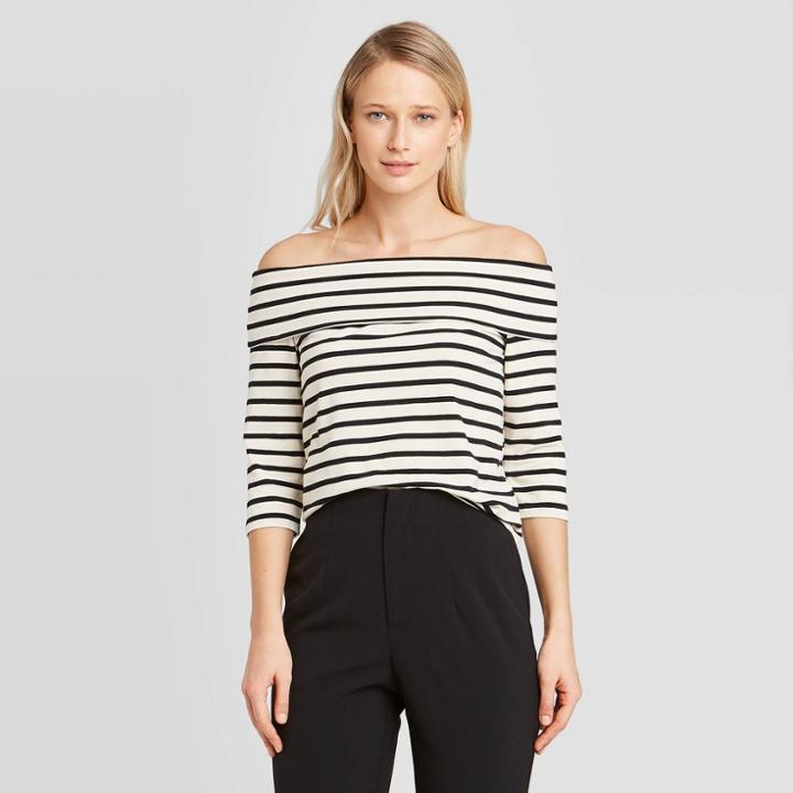 Women's Striped 3/4 Sleeve Off The Shoulder Bardot T-shirt - Who What Wear White Xs, Women's, Yellow