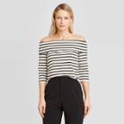 Women's Striped 3/4 Sleeve Off The Shoulder Bardot T-shirt - Who What Wear White Xs, Women's, Yellow