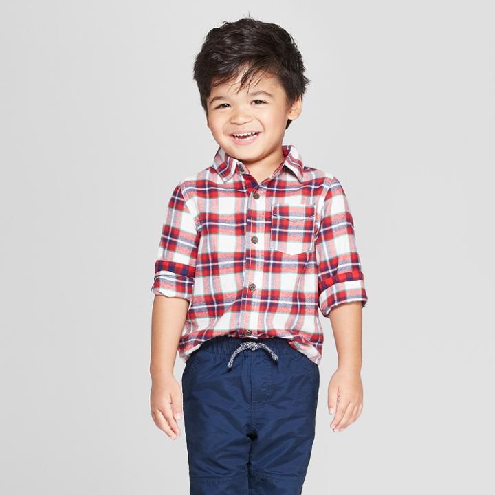 Toddler Boys' Long Sleeve Plaid Shirt - Cat & Jack Red