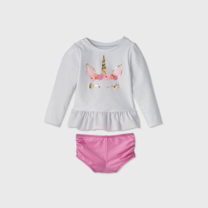 Toddler Girls' 2pc Unicorn Face Long Sleeve Rash Guard Set - Cat & Jack White
