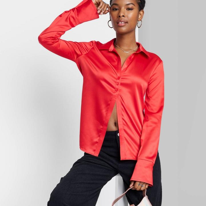 Women's Bell Long Sleeve Collared Satin Button-down Shirt - Wild Fable Red
