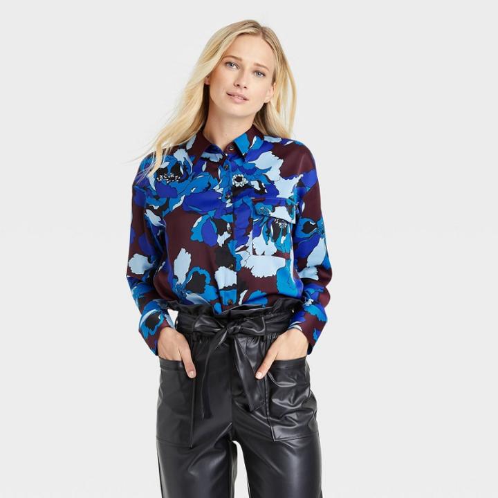 Women's Long Sleeve Button-down Satin Shirt - Who What Wear Black Floral