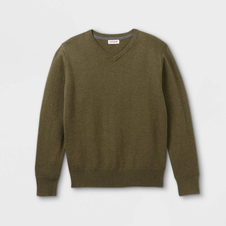Boys' V-neck Sweater - Cat & Jack Heathered Olive Green