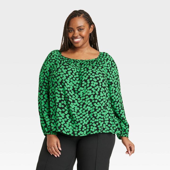 Women's Plus Size Balloon Long Sleeve Blouse - Ava & Viv Green Polka Dots