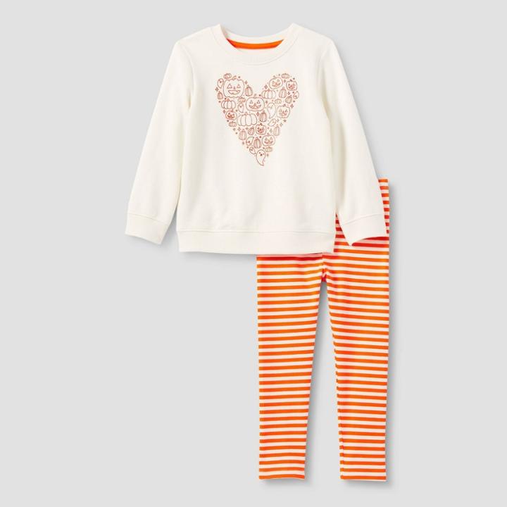 Toddler Girls' Glitter Pumpkin Heart Pullover & Striped Leggings Set - Cat & Jack Cream/orange