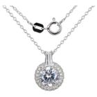 Prime Art & Jewel Sterling Silver 7mm Round Diamond Simulate & Cz Halo Pendant Necklace With 18 Chain, Girl's