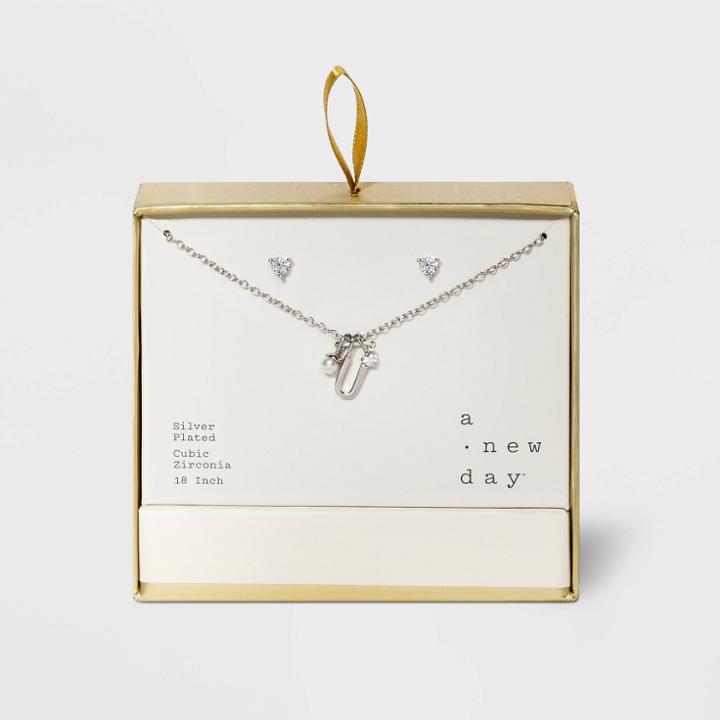 Silver Plated With Cubic Zirconia And Pearl Initial 'u' Charm Cluster Necklace And Earring Set - A New Day