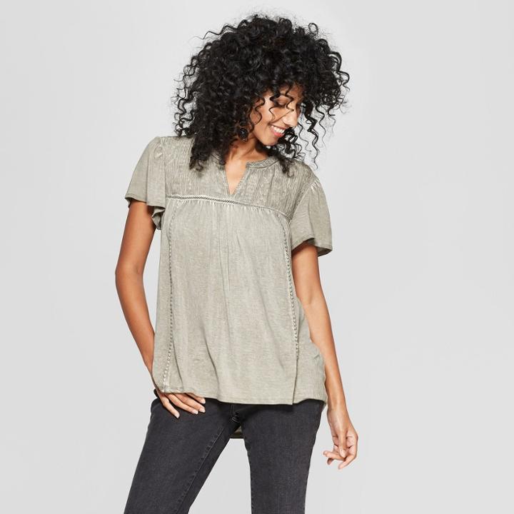 Women's Short Sleeve Lace Yoke Blouse - Knox Rose Green