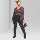 Women's Plus Size Floral Print Long Sleeve Faux Wrap V-neck Blouses - Wild Fable Black