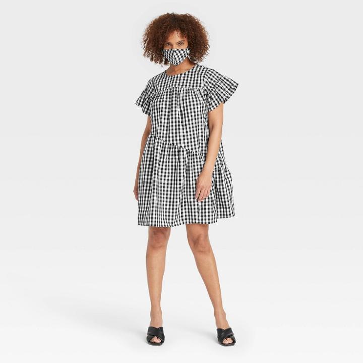 Women's Gingham Print Ruffle Short Sleeve Dress - Who What Wear Black/white