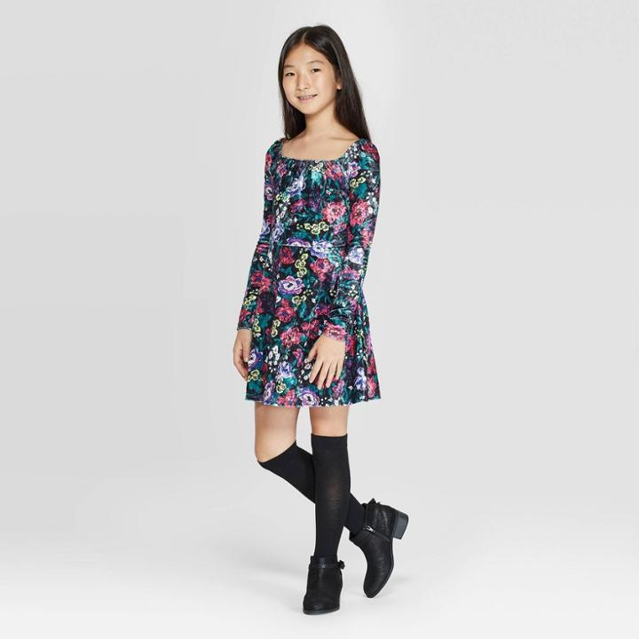 Girls' Square Neck Velvet Floral Dress - Art Class Black