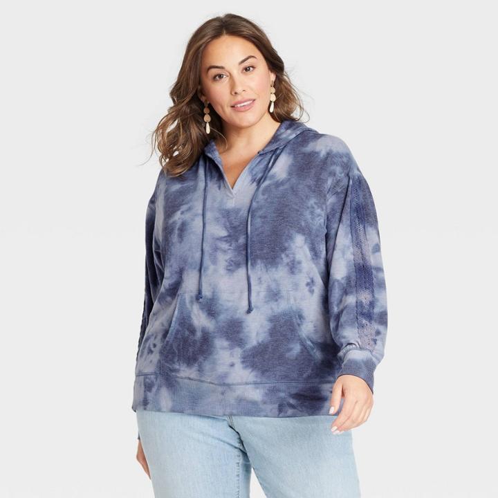 Women's Plus Size Hooded Sweatshirt - Knox Rose Blue Tie-dye