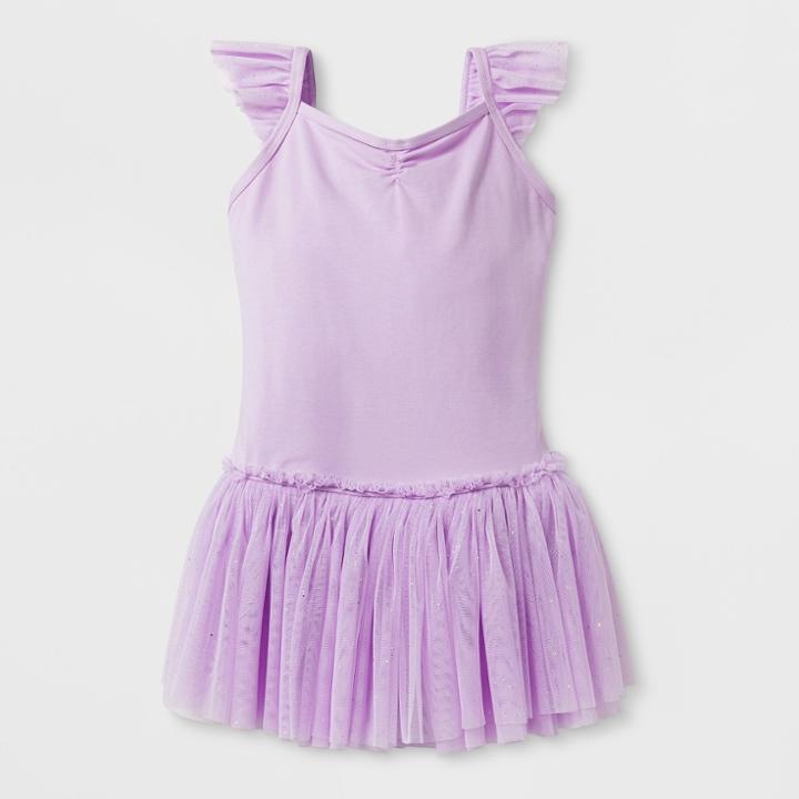 Danshuz Toddler Girls' Camisole Activewear Dress With Glitter Net Flutter Sleeves, Center Back Bow Triple Layer Skirt - Lavender 4-6, Size: