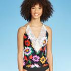 Women's Lace Halter Tankini Top - Sea Angel Black Floral Xs, Women's,