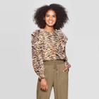 Women's Animal Print Long Sleeve Scoop Neck Ruffle Shoulder Blouse - Who What Wear Brown