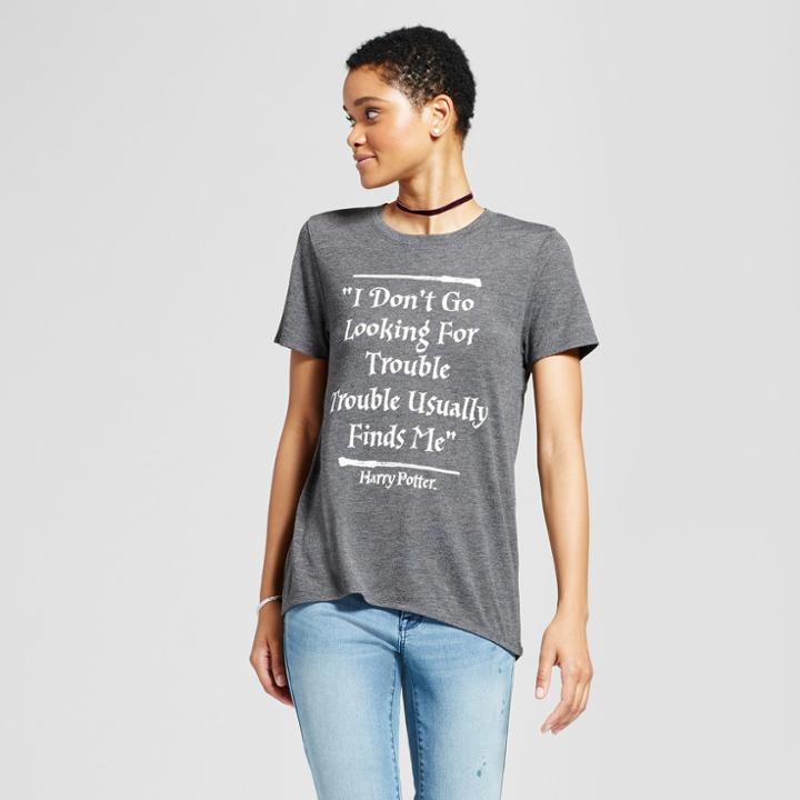 Women's Harry Potter I Don't Go Looking For Trouble, Trouble Usually Finds Me Graphic T-shirt Charcoal L (juniors'), Gray