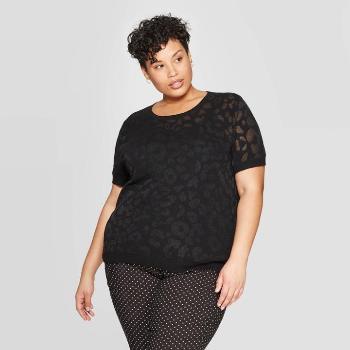 Women's Plus Size Short Sleeve Crewneck Sweater - Ava & Viv Black X