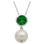 Prime Art & Jewel Sterling Silver Genuine White Pearl And Bezel Set Lab Created Emerald Pendant Necklace With 18 Chain, Girl's,