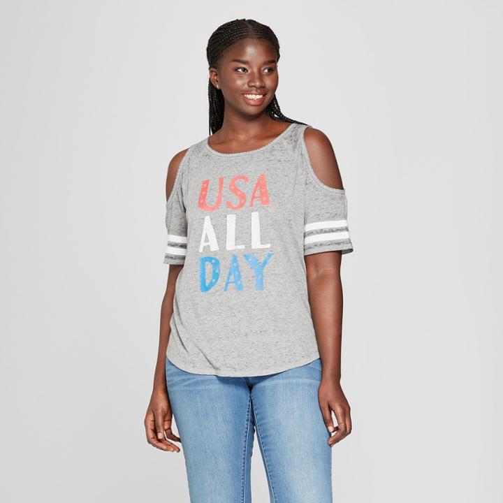 Women's Plus Size Short Sleeve Usa All Day Cold Shoulder Graphic T-shirt - Modern Lux (juniors') Heather Gray