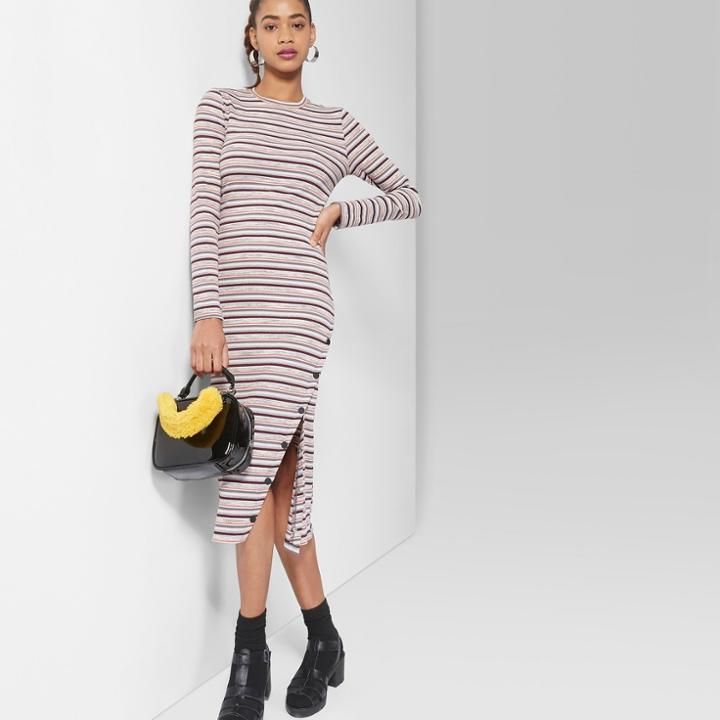 Women's Long Sleeve Ribbed Knit Striped Midi Dress - Wild Fable Grey/orange/purple S,