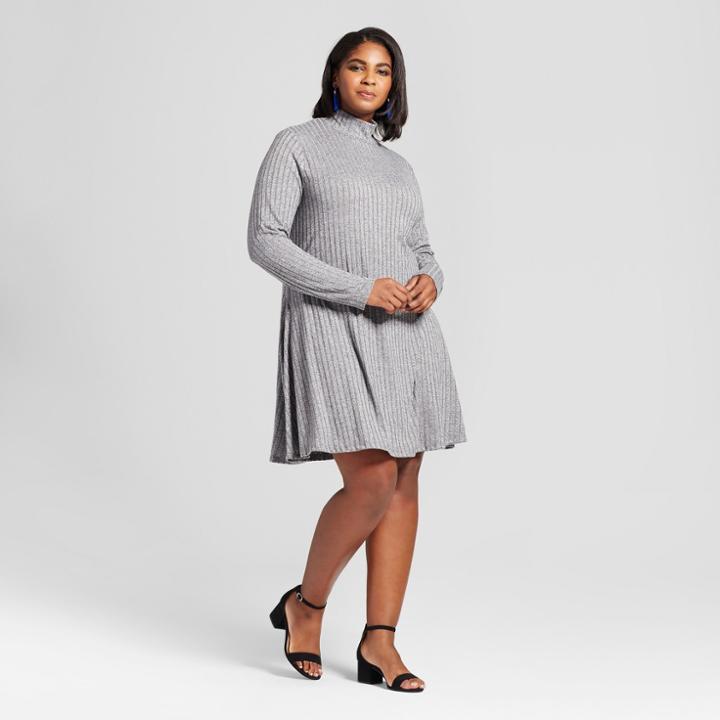 Women's Plus Size Ribbed Swing Dress - Ava & Viv Black X