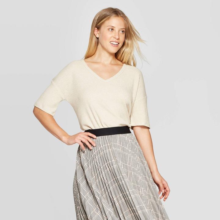 Women's Short Sleeve V-neck Rib T-shirt - A New Day Cream (ivory)