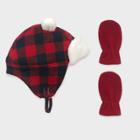 Baby Boys' Buffalo Plaid Trapper And Fleece Mittens Set - Cat & Jack Black/red