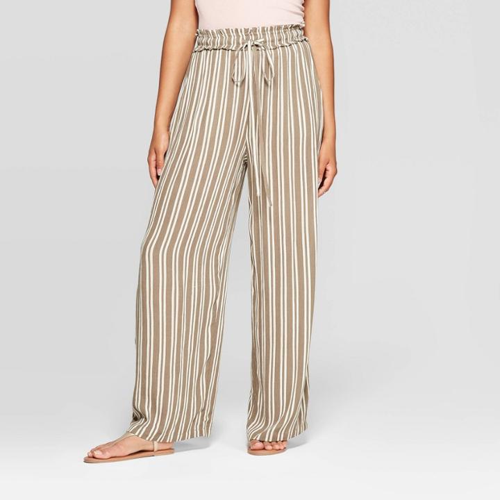 Women's Striped Tie Front Paperbag Waist Palazzo Pants - Xhilaration Tan/white M, Size: