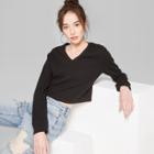 Women's Long Sleeve V-neck Waffle Boxy T-shirt - Wild Fable Black
