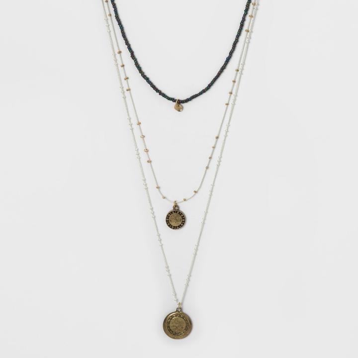 Layered Bead And Mixed Chains With Textured Disc Charms Necklace - Universal Thread,