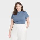 Women's Plus Size Short Sleeve Ribbed T-shirt - A New Day Light Navy Blue