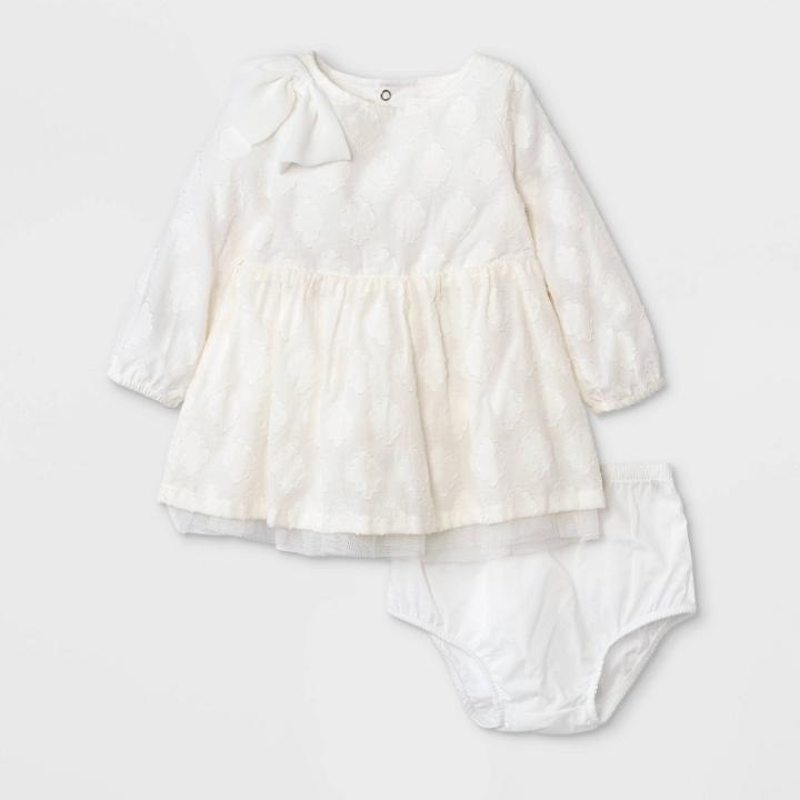 Baby Girls' Long Sleeve Clipspot Dress - Cat & Jack Cream Newborn, Ivory