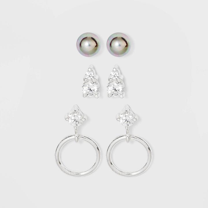 Sterling Silver With Cubic Zirconia Glass Pearl Stud Earring Set 3pc - A New Day