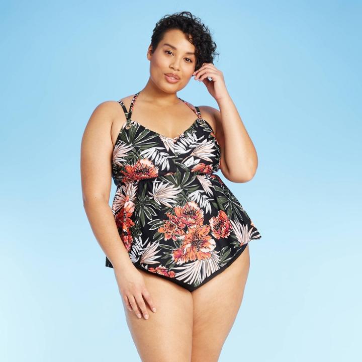 Women's Plus Size Double Strap Tankini - Kona Sol Tropical Print 16w, Size: Small,