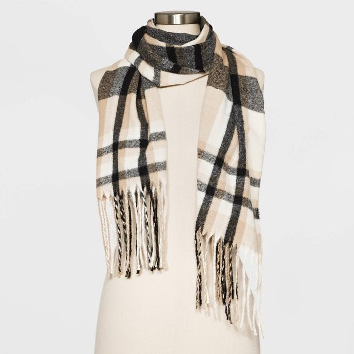 Women's Lightweight Plaid Blanket Scarf - A New Day Cream, Ivory